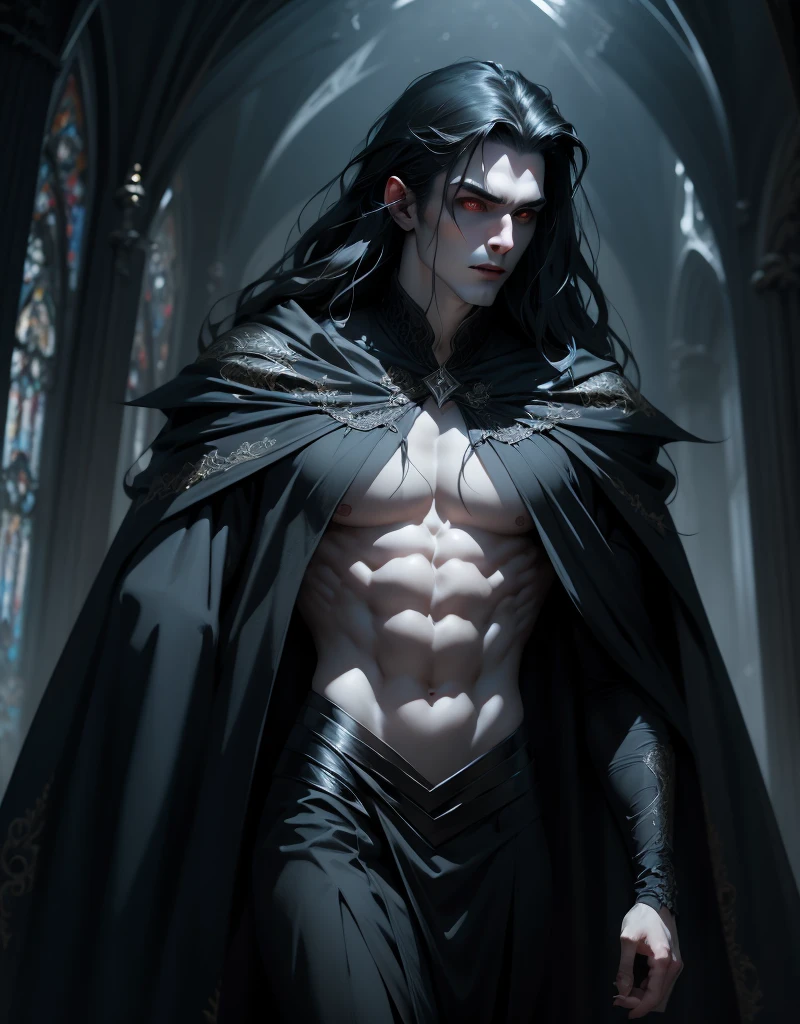 {anatomy}(Masterpiece - Ultra-detailed, very high resolution) Prepare to be enchanted by a true masterpiece that combines ultra-detailed art with high-resolution rendering. This work portrays a vampire man with long black hair (1.3) and captivating golden eyes (1.2), emanating an aura of mystery in dark settings. The intricate details and realistic textures invite you to explore every aspect of this enchanting composition. Vampire man wearing cloak. Black tunic. Serious expressions. Pale skin like a vampire. Gray blue dress. Walking, writing, standing, backwards, dynamic poses.