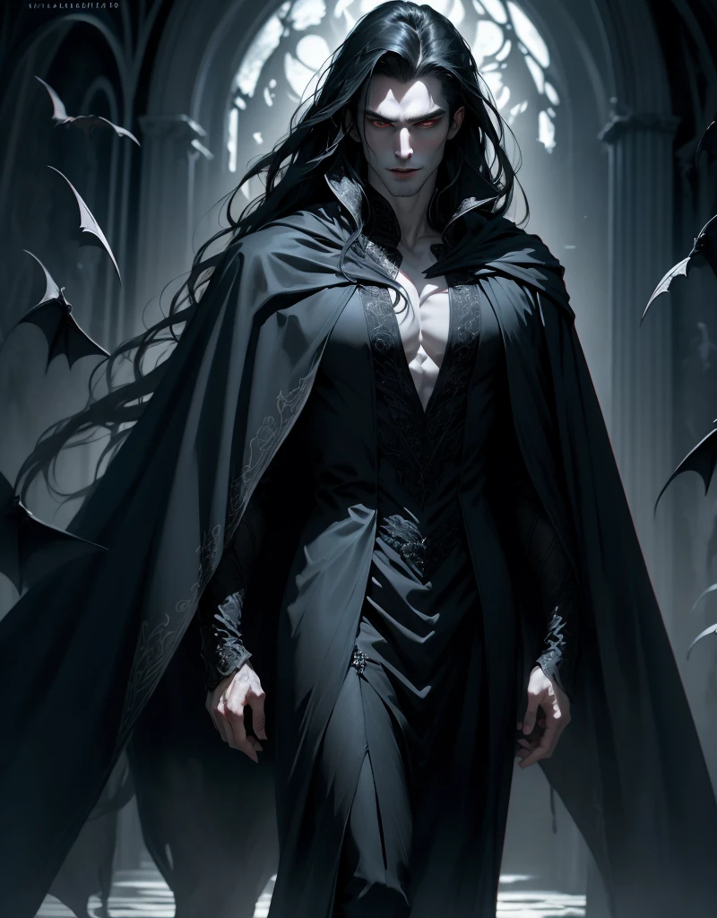 {anatomy}(Masterpiece - Ultra-detailed, very high resolution) Prepare to be enchanted by a true masterpiece that combines ultra-detailed art with high-resolution rendering. This work portrays a vampire man with long black hair (1.3) and captivating golden eyes (1.2), emanating an aura of mystery in dark settings. The intricate details and realistic textures invite you to explore every aspect of this enchanting composition. Vampire man wearing cloak. Black tunic. Serious expressions. Pale skin like a vampire. Gray blue dress. Walking, writing, standing, backwards, dynamic poses.
