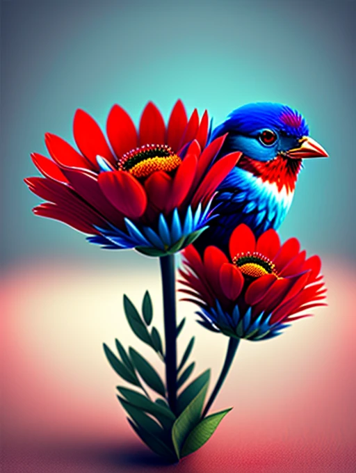 red flowers, CGI Art, red-blue color, Bird, Pinterest, photorealistic art style, rich colors, high detailed portrait, Bird sentado em um galho cantando para você, ultra HD rendering
