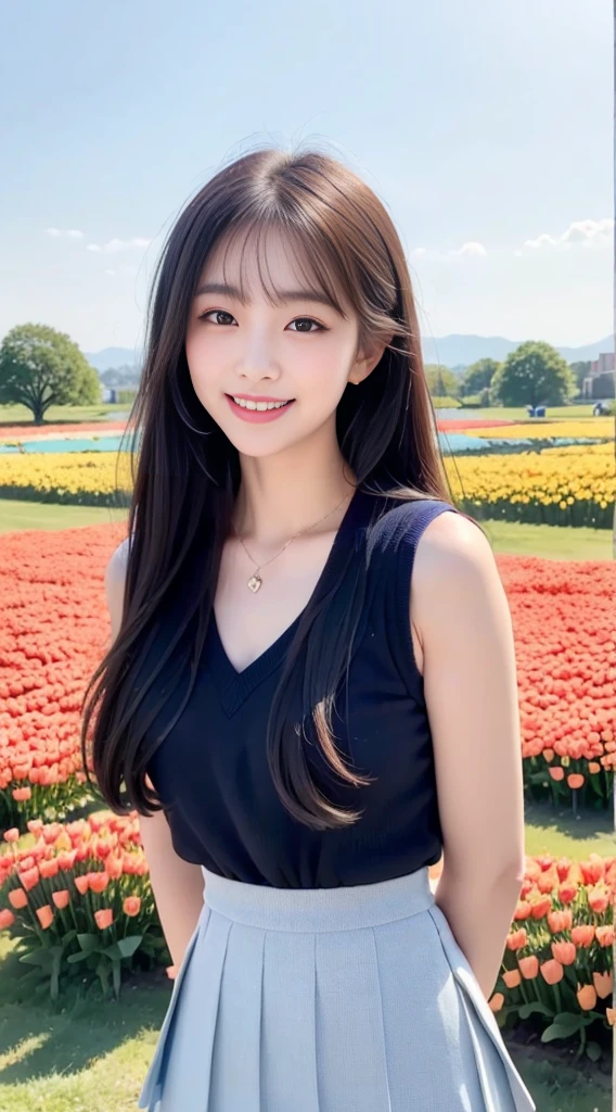 (Highest quality、Ultra-high resolution、８ｋ、masterpiece:1.3)、Beautiful woman with perfect figure:1.4、Black Hair、(School Uniform:1.4)、Big eyes、派手な、（high school girl）、(Navy blue pleated skirt)、Ultra mini skirt、A beautiful woman、School Bag、Highly detailed face and skin、Detailed eyes、Shiny thighs、double eyelid、Thin legs、The best smile、(((１people)))、(I can see her panties:1.5)、White panties、The best smile、Age is 1０years old、Perfect Proportions、whole body、(blue sky:1.4)、、Touch your hair with your hands、The wind is blowing、(Skirt that flips up:1.4)、(Skirt lift)、Back view、look back、((Angle from below))、Tulip Fields、Beautiful Landscape、Blue sky、Good weather、