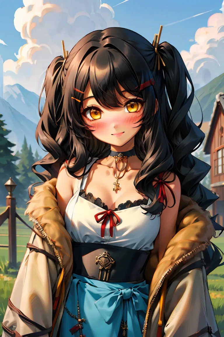 (masterpiece:1.2), (high quality:1.2), hui xiyi, rekkyo sensen, rekkyou sensen, girls with((1girl, solo, black hair, yellow eyes, (wavy long hair, one side up, hairclips:1.3), bare shoulder, blush, breasts, black choker, cleavage, coat, cowboy shot, blue lace dress, camisole, ribbon waist belt, black ribbon belt, red bow, red ribbon, neck ribbon, collar, collarbone, rosary, rosary choker, cross, fur, fur trim, parka, khaki hoodie, green hoodie, khaki jacket, hood down, hooded coat, hooded jacket, hoodie, jacket, large breasts, long sleeves, medium breasts, open clothes, open coat,open hoodie, sleeveless, winter clothes, zipper, cleavage, upper body, hand up, waving, palm)), background with((architecture, blue sky, bush, castle, village, no humans, cloud, cloudy sky, day, field, garden, grass, hill, house, lamppost, landscape, mountain, mountainous horizon, nature, no humans, outdoors, scenery, shrine, sky))