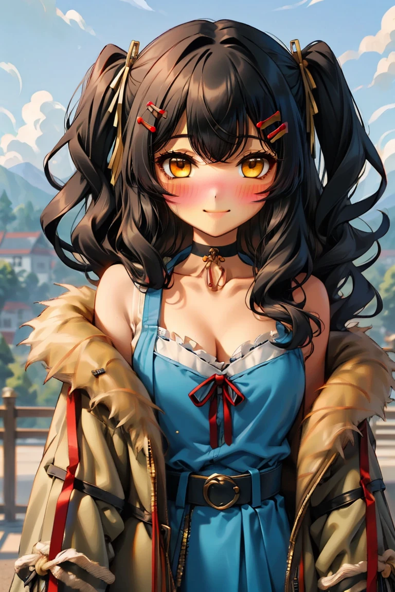 (masterpiece:1.2), (high quality:1.2), hui xiyi, rekkyo sensen, rekkyou sensen, girls with((1girl, solo, black hair, yellow eyes, (wavy long hair, one side up, hairclips:1.3), bare shoulder, blush, breasts, black choker, cleavage, coat, cowboy shot, blue lace dress, camisole, ribbon waist belt, black ribbon belt, red bow, red ribbon, neck ribbon, collar, collarbone, rosary, rosary choker, cross, fur, fur trim, parka, khaki hoodie, green hoodie, khaki jacket, hood down, hooded coat, hooded jacket, hoodie, jacket, large breasts, long sleeves, medium breasts, open clothes, open coat,open hoodie, sleeveless, winter clothes, zipper, cleavage, upper body, hand up, waving, palm)), background with((architecture, blue sky, bush, castle, village, no humans, cloud, cloudy sky, day, field, garden, grass, hill, house, lamppost, landscape, mountain, mountainous horizon, nature, no humans, outdoors, scenery, shrine, sky))