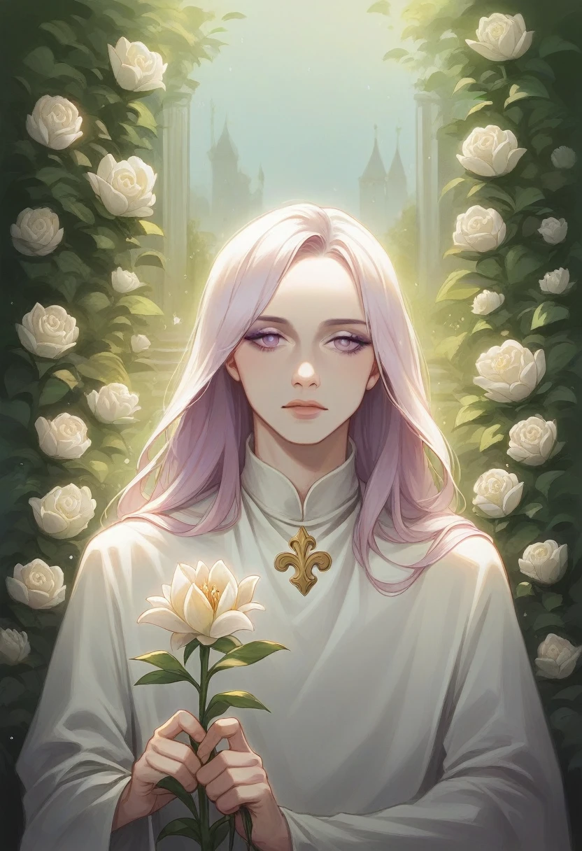 a man holding a delicate fleur-de-lis flower in a tranquil garden, with a wistful and reflective expression, soft and natural tones, a color palette including greens, blues, and lavenders, and a dawn sky in the background, symbolizing lost memory and beauty,(best quality,8k,highres,masterpiece:1.2),ultra-detailed,realistic,photo-realistic:1.37,cinematic lighting,dramatic composition,intricate details,serene atmosphere,muted colors,emotional portrait,thoughtful expression,natural setting,classical realism,romantic,bittersweet