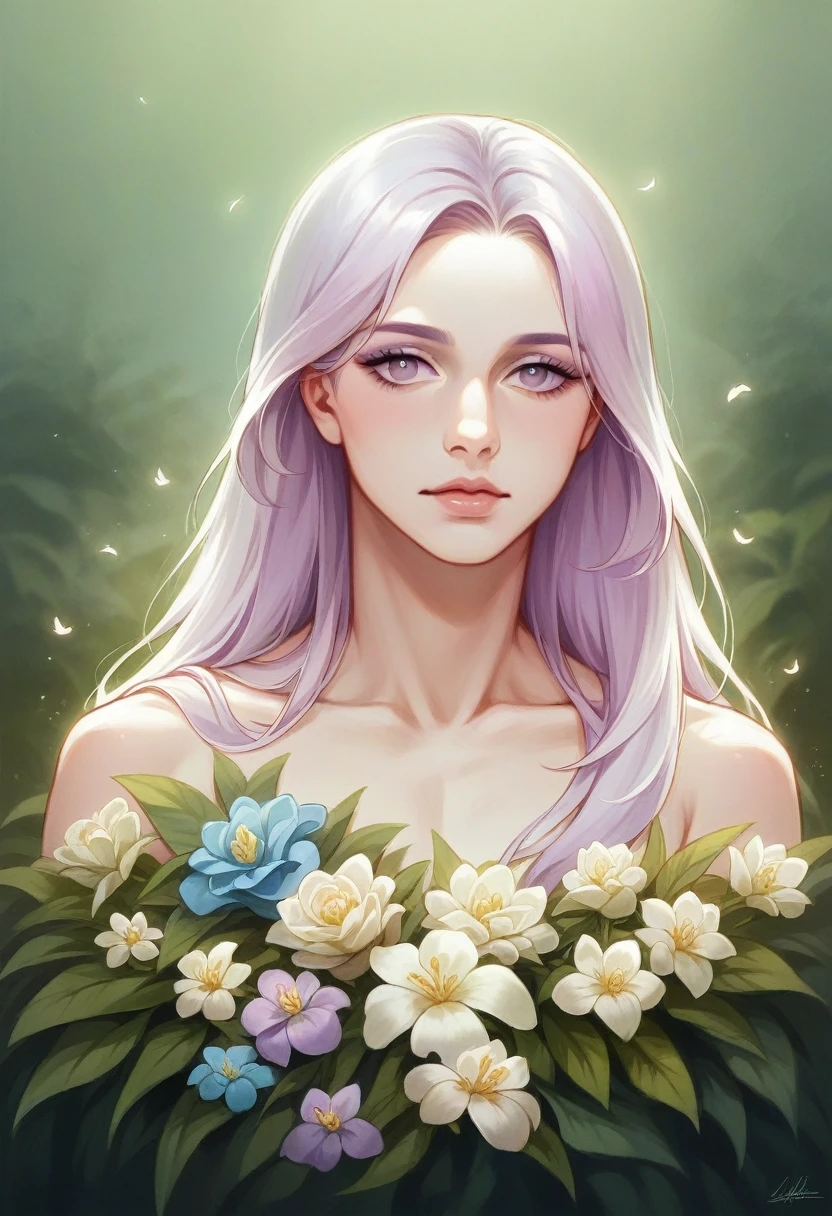a man holding a delicate fleur-de-lis flower in a tranquil garden, with a wistful and reflective expression, soft and natural tones, a color palette including greens, blues, and lavenders, and a dawn sky in the background, symbolizing lost memory and beauty,(best quality,8k,highres,masterpiece:1.2),ultra-detailed,realistic,photo-realistic:1.37,cinematic lighting,dramatic composition,intricate details,serene atmosphere,muted colors,emotional portrait,thoughtful expression,natural setting,classical realism,romantic,bittersweet
