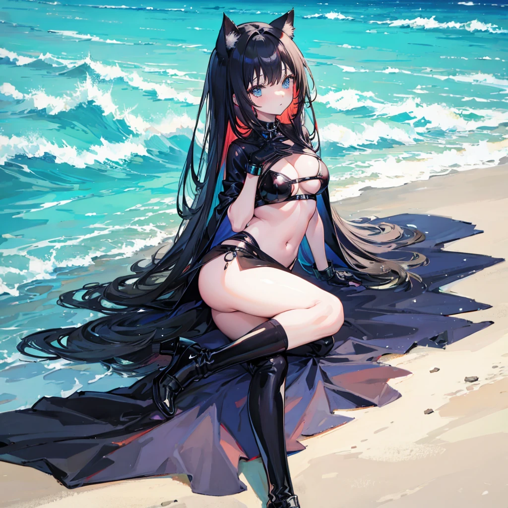 Cat girl in black latex dress on the beach 