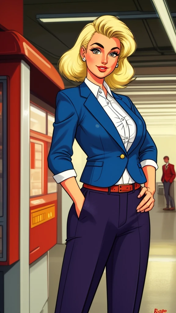 pretty woman, (1girl:1.3),

Cropped Blazer,
Blonde hair,
Dress pants,
rubenesque, pinup,
cowboy shot, standing , in a retro-futuristic setting, 