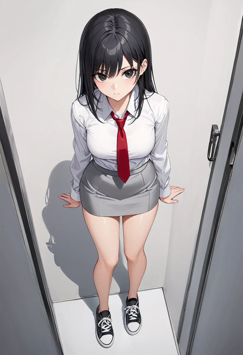 gray miniskirt , Black sneakers , white dress shirt , Gray pencil skirt , whole body , thighs , black hair , black eyes , straight hair , long sleeves , bare legs , View from above , , , red tie , standing posture