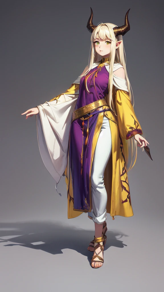 ((masterpiece,Best quality,8 k,A high resolution)),((character concept art)), 1 woman, young adult woman, Yellow medieval summer girl, concept, vines on the hand and horns from the vines, full length, whole body, magic hunter, White shorts,  (standing still), (full body showcase), (показать whole body), (no logos on background), (no logo), ((simple background)), ((simple background)), (((empty background)))