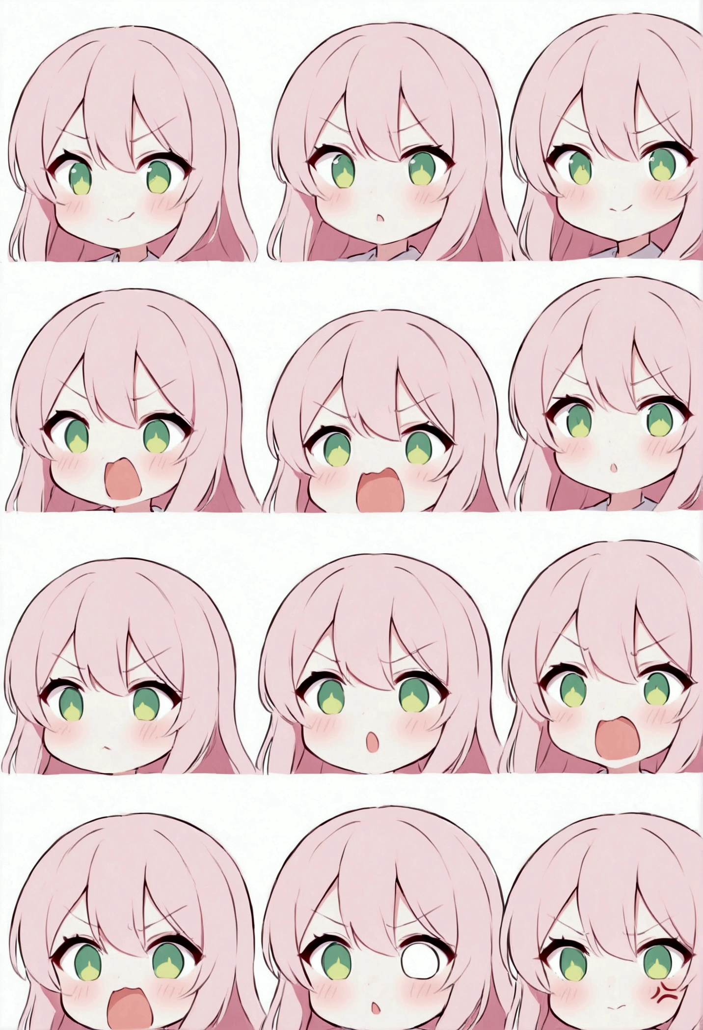 Cute kawaii style anime girl,Cute style with pink hair and green eyes,Facial expressions and movements,Exaggerated movements,happiness,anger,sad,surprise,happiness等,A variety of emotions,White Background,Q version,9 Grid,9 different expressions
