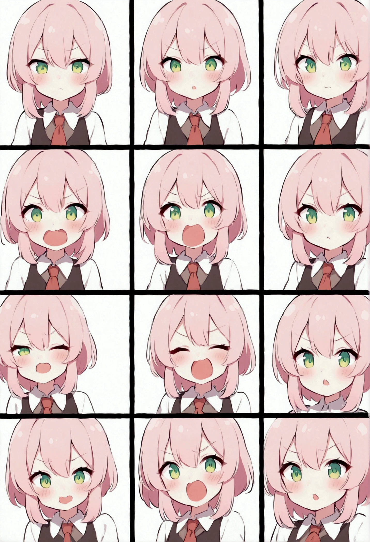 Cute kawaii style anime girl，Cute style with pink hair and green eyes，Facial expressions and movements，Exaggerated movements，happiness，anger，sad，surprise，happiness等，A variety of emotions，White Background，Q version，9 Grid，9 different expressions