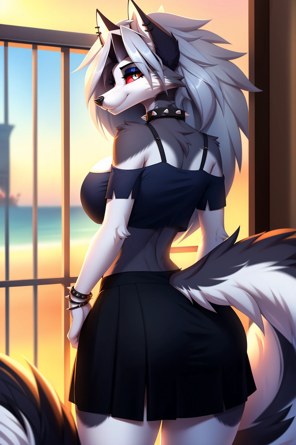 By zinfyuu on pixiv,by twistedscarlet60, uploaded on pixiv, by fluff-kevlar, (masterpiece), (best quality), (anthro furry:1.3, snout:1.2, anthro:1.3, furry:1.2, solo female:1.2), (extremely detailed:1.3), (Detailed eye part: White lens, red iris,black cornea), tall, slim body, sweet smile, wear Black tshirt and long skirt, loona, hellhound, busty, big breast, thick thighs, earrings, peircings, furry female, body fur, makeup, wolf ears, crop top, collar, spikes, jewelry, ear piercing, bracelet, wolf tail, ass from behind, butt, ass, round ass, bubble butt