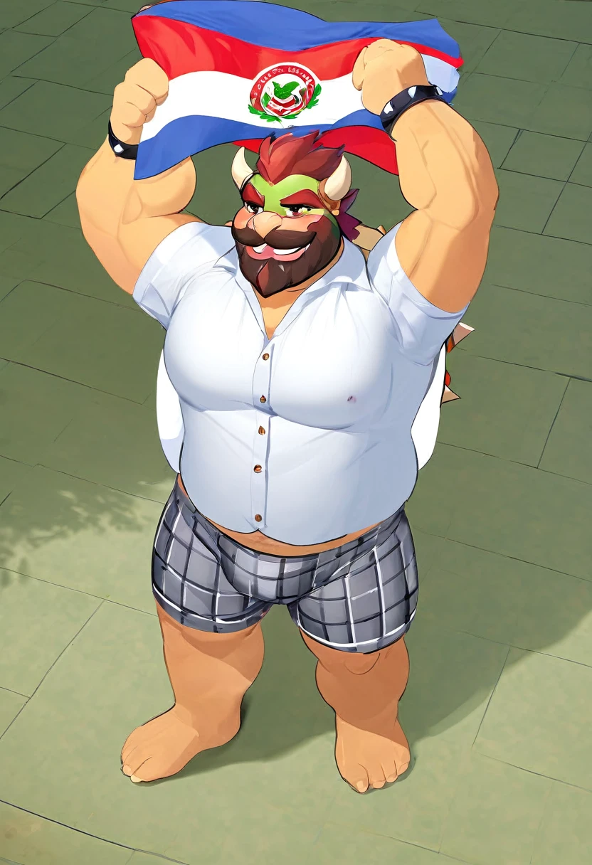 Bowser, gray beard, gray mustache, DILF, seductive, looking at the viewer, SMILE, white and blue plaid loose boxers, White shirt, open shirt, (posing) masculine, alone, the second, gordo, large size, Thick, cellular shading, standing, stopped, whole body, Aerial view, From above, with both hands holding the flag of Peru