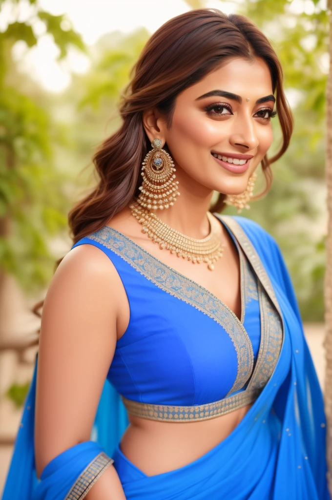 high quality photo of a 32 -year-old woman poojah ,blue color attire, detailed smiling face, outdoor photoshoot, Sony A7s3 Camera, Sigma Art 1.2 85MM lens, dramatic lighting,