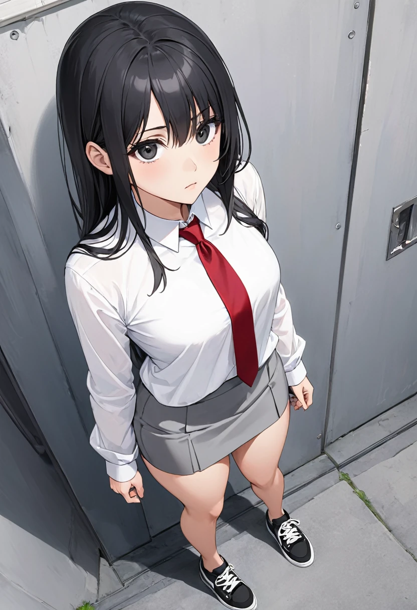 gray miniskirt , Black sneakers , white dress shirt , Gray pencil skirt , whole body , thighs , black hair , black eyes , straight hair , long sleeves , bare legs , View from above , , , red tie , standing posture