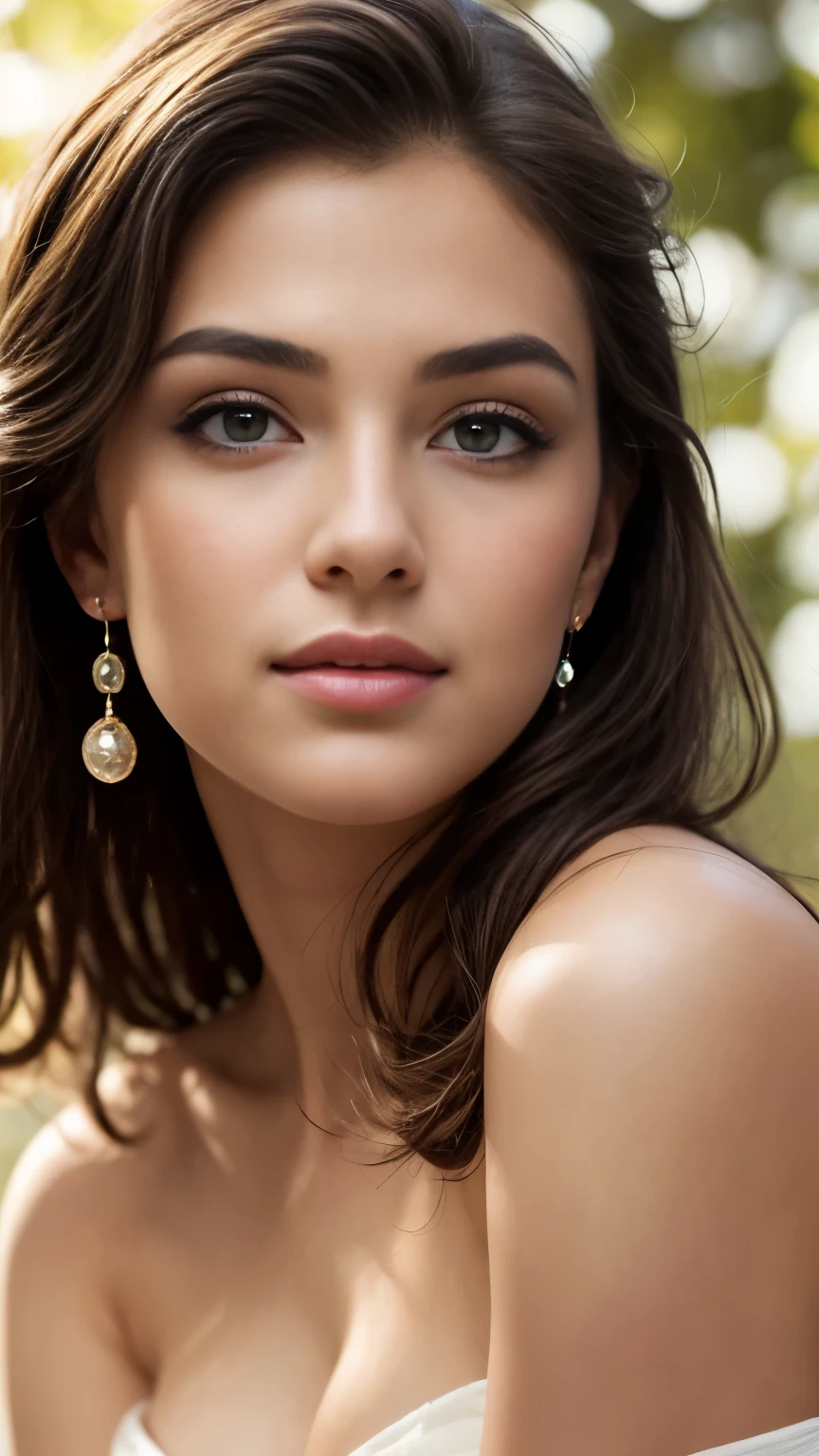 Beautiful, Detailed face, Beautiful woman, Stunning eyes, Juicy lips, Gorgeous girl, Soft lighting, Bright colours, Upper body, High resolution, Romantic atmosphere, Dreamy background, Elegant pose, Subtle details, Earrings, Flawless skin, Seductive expression, Charming smile, Visual art aesthetic,. masterstroke, oil painting style, gallery-worthy, out-of-this-world beauty, flash, diffused light