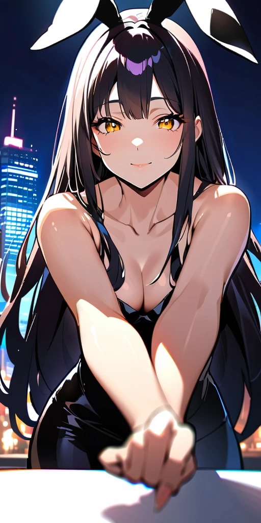 ((Highest quality、、masterpiece:1.3)), Upper Body、Long legs、Sharp focus:1.2, Beautiful woman with perfect figure:1.miling:1.2), double eyelid、30-year-old female、Sexyse、((((Close your mouth、One Woman、Bunny girl,Downtown at night))))、(((((手は体の横に)))))