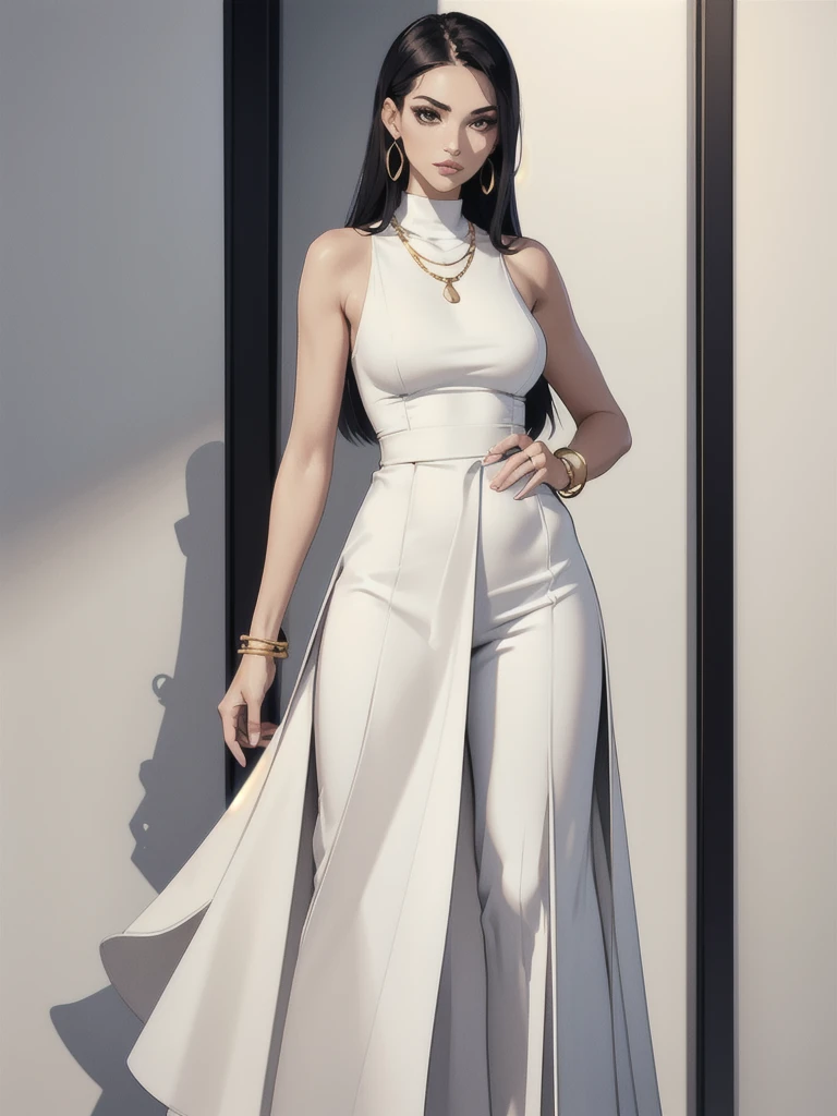 makeup, mascara, simple color palettes, woman 25 years old, stylish, Clean, sharp designs, flowing silhouettes, Tight skirts and pants, high-waisted skirts and pants, simple dresses, shirts and blouses, asymmetrical, geometric, Elegant and luxurious materials and designs, Simple, minimal accessories, gold necklace, gold bangle, Slim necklaces and rings in silver or gold, Simple bangles, Distinctive designs, simple silhouettes, chic and mature impression, simple and sophisticated style, elegance, minimalism, high quality materials, cool and urban impression, high fashion, , simplicity and sophistication, plain white dress, chic white dress
