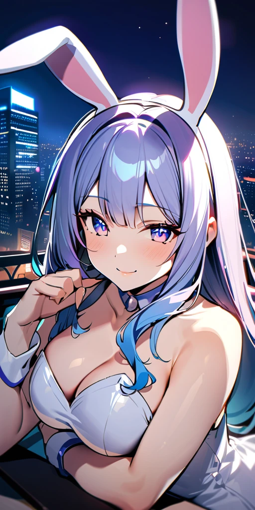((Highest quality、、masterpiece:1.3)), Upper Body、Long legs、Sharp focus:1.2, Beautiful woman with perfect figure:1.4、(Smiling:1.2), double eyelid、30-year-old female、Sexy pose、((((Close your mouth、One Woman、Bunny girl,Downtown at night))))、(((((手は体の横に)))))