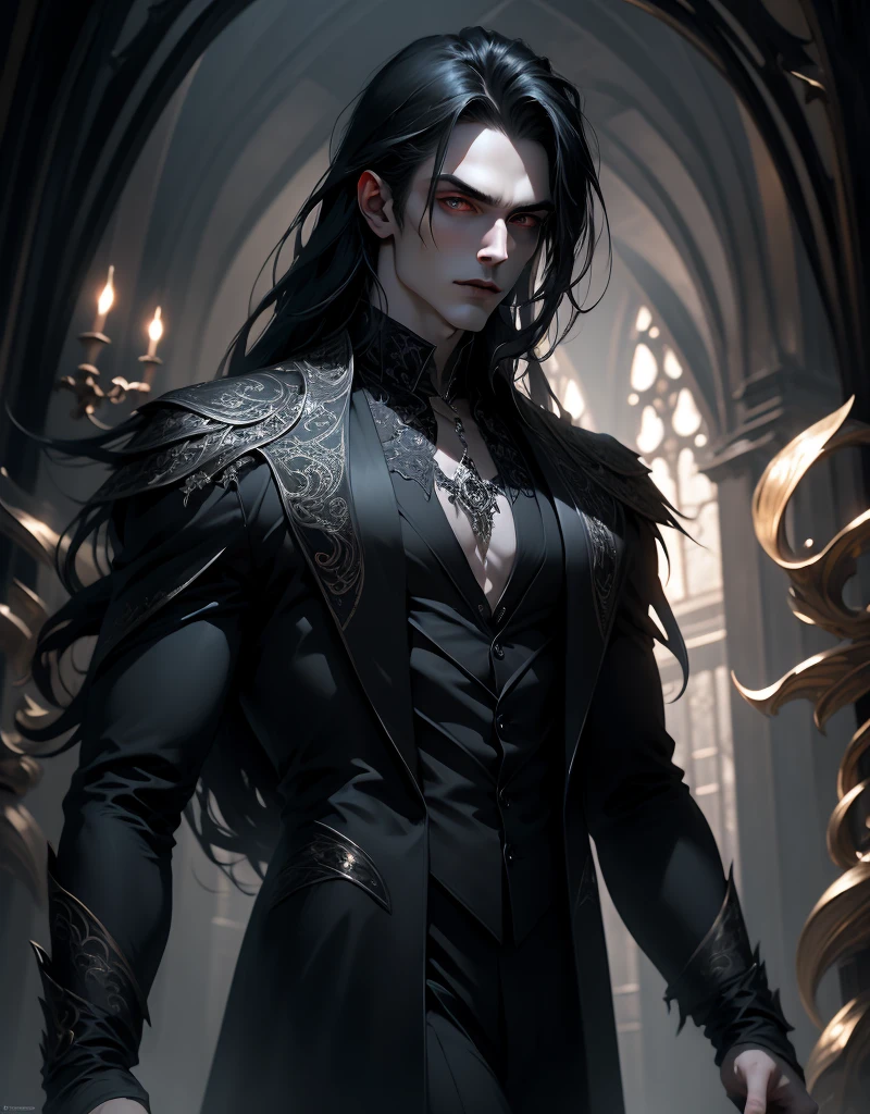{anatomy}(Masterpiece - Ultra-detailed, very high resolution) Prepare to be enchanted by a true masterpiece that combines ultra-detailed art with high-resolution rendering. This work portrays a vampire man with long black hair (1.3) and captivating golden eyes (1.2), emanating an aura of mystery in dark settings. The intricate details and realistic textures invite you to explore every aspect of this enchanting composition. Vampire man wearing black. Black tunic. Serious expressions. Pale skin like a vampire. Gray blue dress. Walking, writing, standing, backwards, dynamic poses.