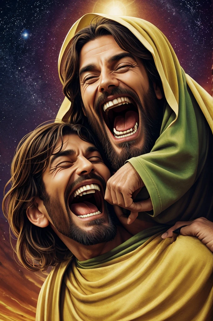 Jesus embraced with a laughing alien