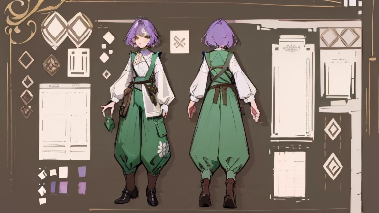(Masterpiece, best quality), detailed, 1 gardener woman, ((character concept art)), ((character design sheet, reference sheet, same character, front, side, back)), full body, body complete, 1 gardener female, 1 gardener women. Character design sheet full body, Highly detailed, character sheet, character design, Many parts, pale skin, green eyes, short purple hair, male hairstyle, short male hair, lavender flower, lavender flower reference, lavender flower character reference, lavender flower inspired, flat chest, pants, Ecofashion, Ecopunk, Ecology, Earthy clothing, gardening clothing, gardening, garden, Solarpunk, Solarpunk reference, Solarpunk inspired, cottagecore aesthetic, cottagecore, pants, gold details, pastel purple, green and brown color palette for the clothes.