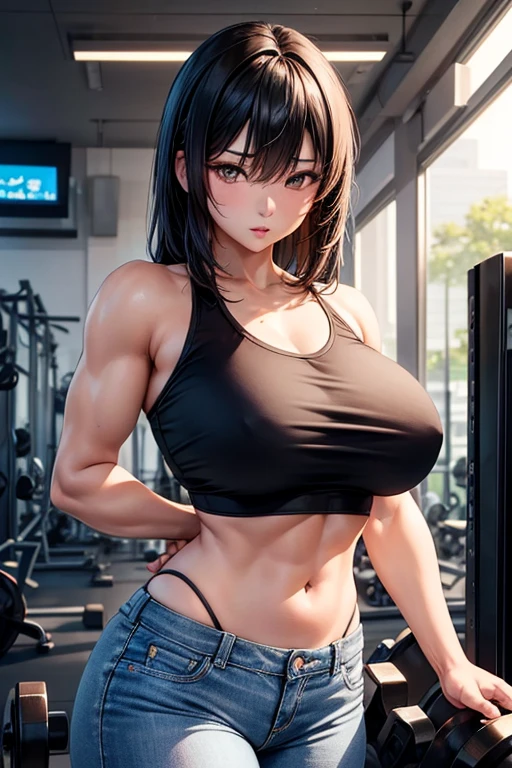 "An Asian woman with fine features but extremely strong due to bodybuilding, and with large breasts. Her body is covered in oil, wearing jeans and a top. She is slightly leaning to the right as if listening to someone calling her. The background is a modern gym with various workout equipment and weights, providing a context for her muscular build and strength.