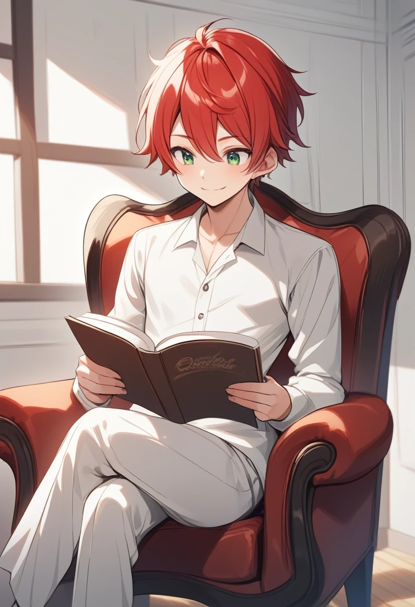 Young boy, naughty man, reading alone, lying on the grass in a lush green forest, tall and slim, youthful face, red hair, greeneyes, skin fair, has a simple smile, cross legs, reading a brown book, has white clothes and worn brown pants