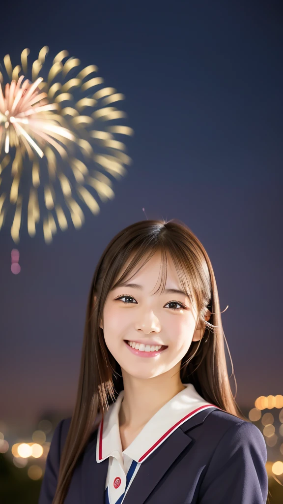 smile、high school girl、uniform、With fireworks in the background、Tokyo Sky Tree