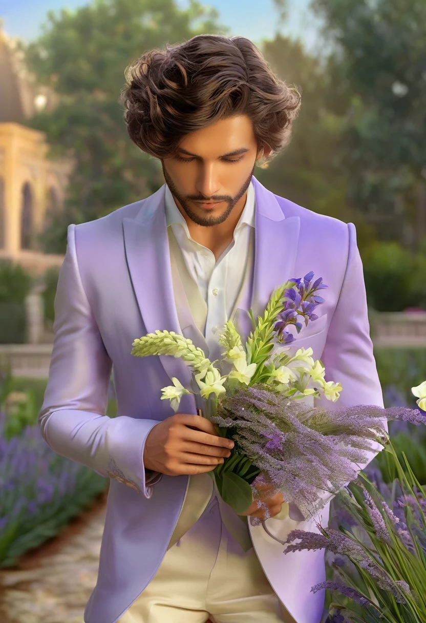 a man holding a delicate fleur-de-lis flower in a tranquil garden, with a wistful and reflective expression, soft and natural tones, a color palette including greens, blues, and lavenders, and a dawn sky in the background, symbolizing lost memory and beauty,(best quality,8k,highres,masterpiece:1.2),ultra-detailed,realistic,photo-realistic:1.37,cinematic lighting,dramatic composition,intricate details,serene atmosphere,muted colors,emotional portrait,thoughtful expression,natural setting,classical realism,romantic,bittersweet