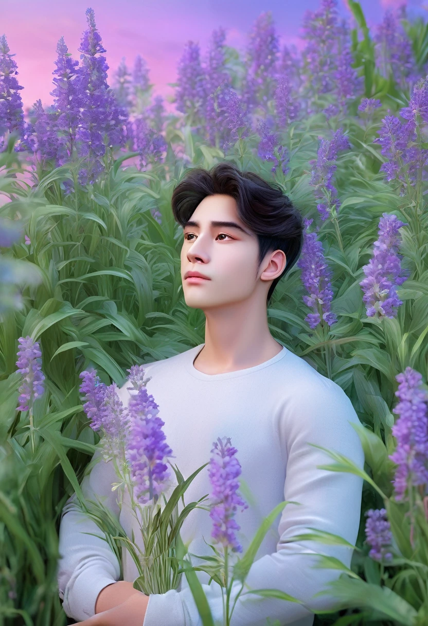 a man holding a delicate fleur-de-lis flower in a tranquil garden, with a wistful and reflective expression, soft and natural tones, a color palette including greens, blues, and lavenders, and a dawn sky in the background, symbolizing lost memory and beauty,(best quality,8k,highres,masterpiece:1.2),ultra-detailed,realistic,photo-realistic:1.37,cinematic lighting,dramatic composition,intricate details,serene atmosphere,muted colors,emotional portrait,thoughtful expression,natural setting,classical realism,romantic,bittersweet