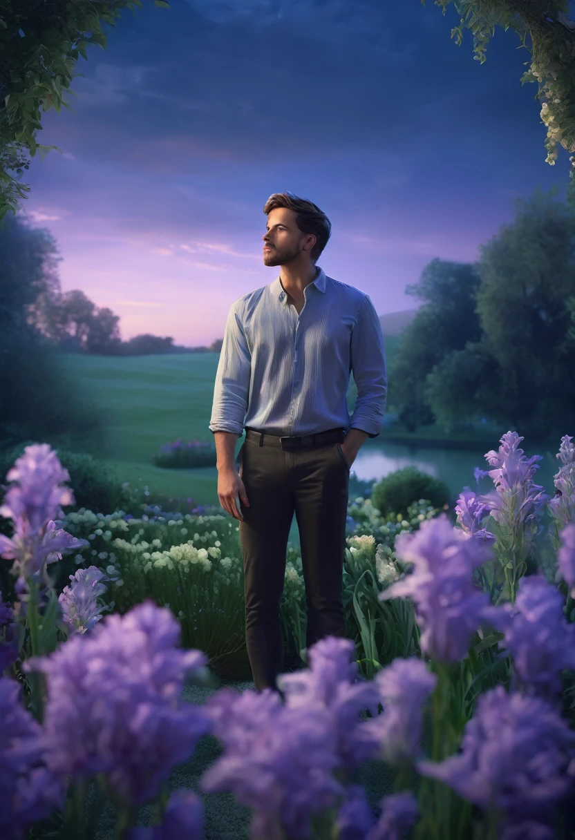 a man holding a delicate fleur-de-lis flower in a tranquil garden, with a wistful and reflective expression, soft and natural tones, a color palette including greens, blues, and lavenders, and a dawn sky in the background, symbolizing lost memory and beauty,(best quality,8k,highres,masterpiece:1.2),ultra-detailed,realistic,photo-realistic:1.37,cinematic lighting,dramatic composition,intricate details,serene atmosphere,muted colors,emotional portrait,thoughtful expression,natural setting,classical realism,romantic,bittersweet