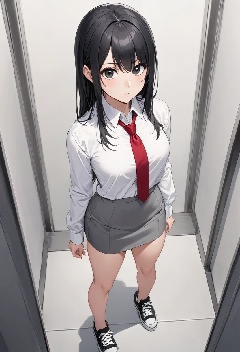 gray miniskirt , Black sneakers , white dress shirt , Gray pencil skirt , whole body , thighs , black hair , black eyes , straight hair , long sleeves , bare legs , View from above , , , red tie , standing posture