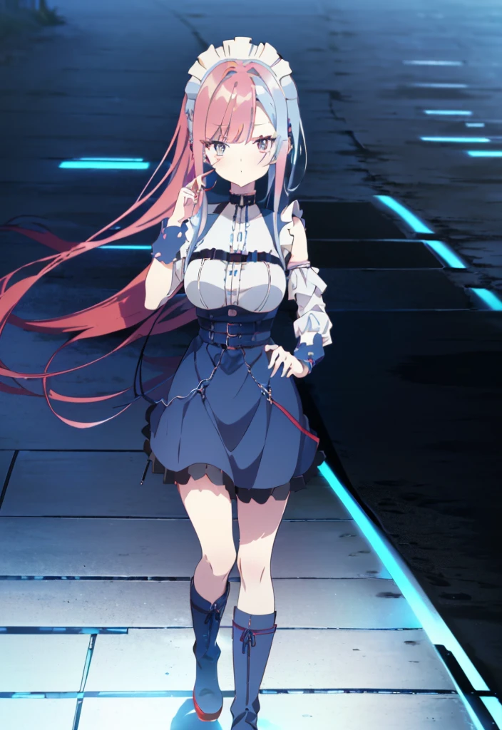 ((split-color hair , red hair , light blue hair)),[(city background:1.4)::5],original,(illustration:1.1),(best quality),(masterpiece:1.1),(extremely detailed CG unity 8k wallpaper:1.1), (colorful:0.9),(mid shot:0.95),(full body:1.5),Dynamic angle,(solo:1.2), (girl),((adult)), (detailed beautiful eyes:1.15), (beautiful face:1.15), (glowing red eyes:1.25////),((medium hair)),((split-color hair , red hair , light blue hair)),(high twintails),(chignon),(+perfect hand+:1.21),(Draw an illustration of a gothic girl),(Religious),(slender),(is wearing boots on her feet),((is wearing white maid clothes)),(furious), Lace Off-shoulder lolita fashion,beautiful slender woman,high twintails,full body,mini skirt,((split-color hair , red hair , light blue hair)),((black long boots)),((mini skirt)),((adult)),((dynamic angle)),((split-color hair , red hair , light blue hair)),((split-color hair , red hair , light blue hair)),((black long boots)),((black long boots)),((split-color hair , red hair , light blue hair)),((split-color hair , red hair , light blue hair)),((city background)),