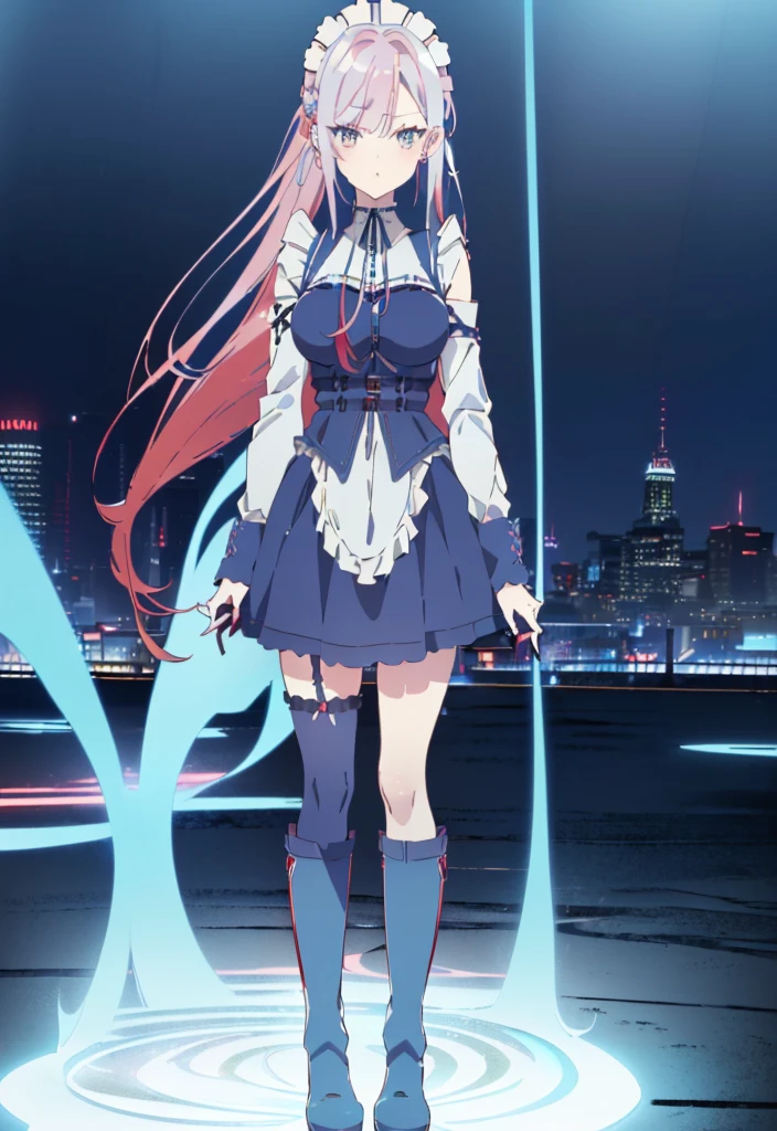 ((split-color hair , red hair , light blue hair)),[(city background:1.4)::5],original,(illustration:1.1),(best quality),(masterpiece:1.1),(extremely detailed CG unity 8k wallpaper:1.1), (colorful:0.9),(mid shot:0.95),(full body:1.5),Dynamic angle,(solo:1.2), (girl),((adult)), (detailed beautiful eyes:1.15), (beautiful face:1.15), (glowing red eyes:1.25////),((medium hair)),((split-color hair , red hair , light blue hair)),(high twintails),(chignon),(+perfect hand+:1.21),(Draw an illustration of a gothic girl),(Religious),(slender),(is wearing boots on her feet),((is wearing white maid clothes)),(furious), Lace Off-shoulder lolita fashion,beautiful slender woman,high twintails,full body,mini skirt,((split-color hair , red hair , light blue hair)),((black long boots)),((mini skirt)),((adult)),((dynamic angle)),((split-color hair , red hair , light blue hair)),((split-color hair , red hair , light blue hair)),((black long boots)),((black long boots)),((split-color hair , red hair , light blue hair)),((split-color hair , red hair , light blue hair)),((city background)),