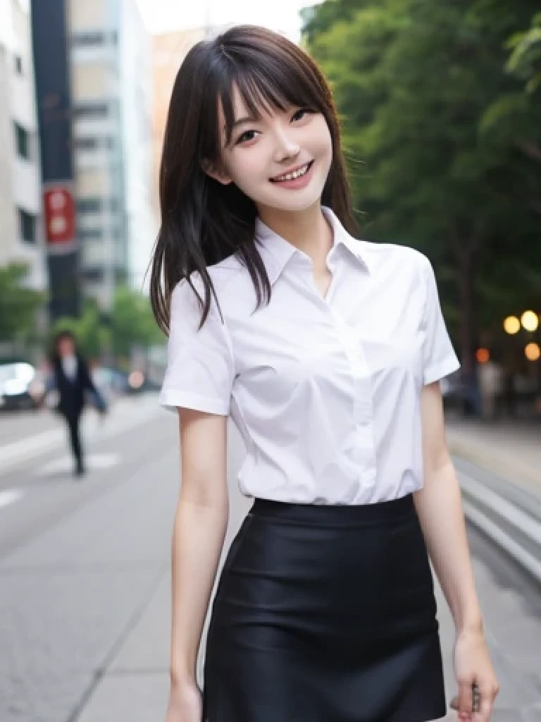 Japanese、18 year old girl、Very slim、((Smiling))、business suit、Business district、mini skirt