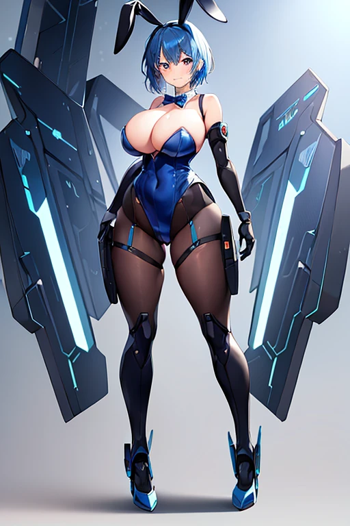 1girl, blue hair, large breasts, bunny ears, rabbit ears, wide hips, bodysuit, black bodysuit, short hair, very short hair, science-fiction, tech, futuristic, machinery, full body, ((full body)), smile, light smile, robot girl