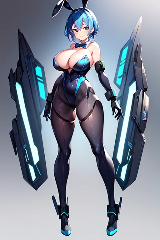 1girl, blue hair, large breasts, bunny ears, rabbit ears, wide hips, bodysuit, black bodysuit, short hair, very short hair, science-fiction, tech, futuristic, machinery, full body, ((full body)), smile, light smile, robot girl