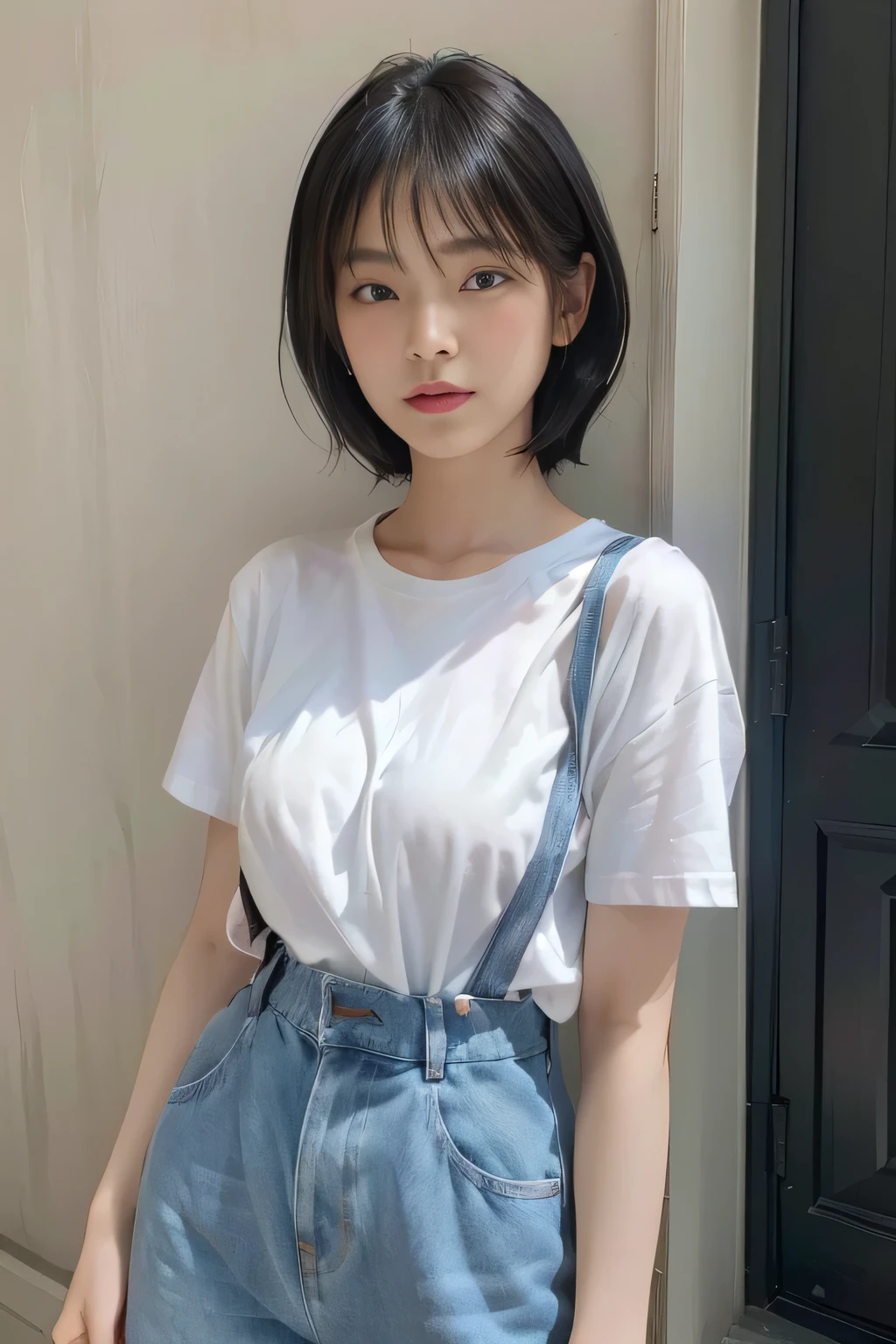 (In 8K, Highest quality, masterpiece:1.2), (Realistic, Photorealistic:1.37), Ultra-detailed, Natural light, Small breasts,1 person, 25 year old Japanese woman, housewife、Black Hair, White T-shirt and jeans, Highly detailed face and skin, Detailed eyes, Highly detailed face and skin、Standing at the front door、apron、