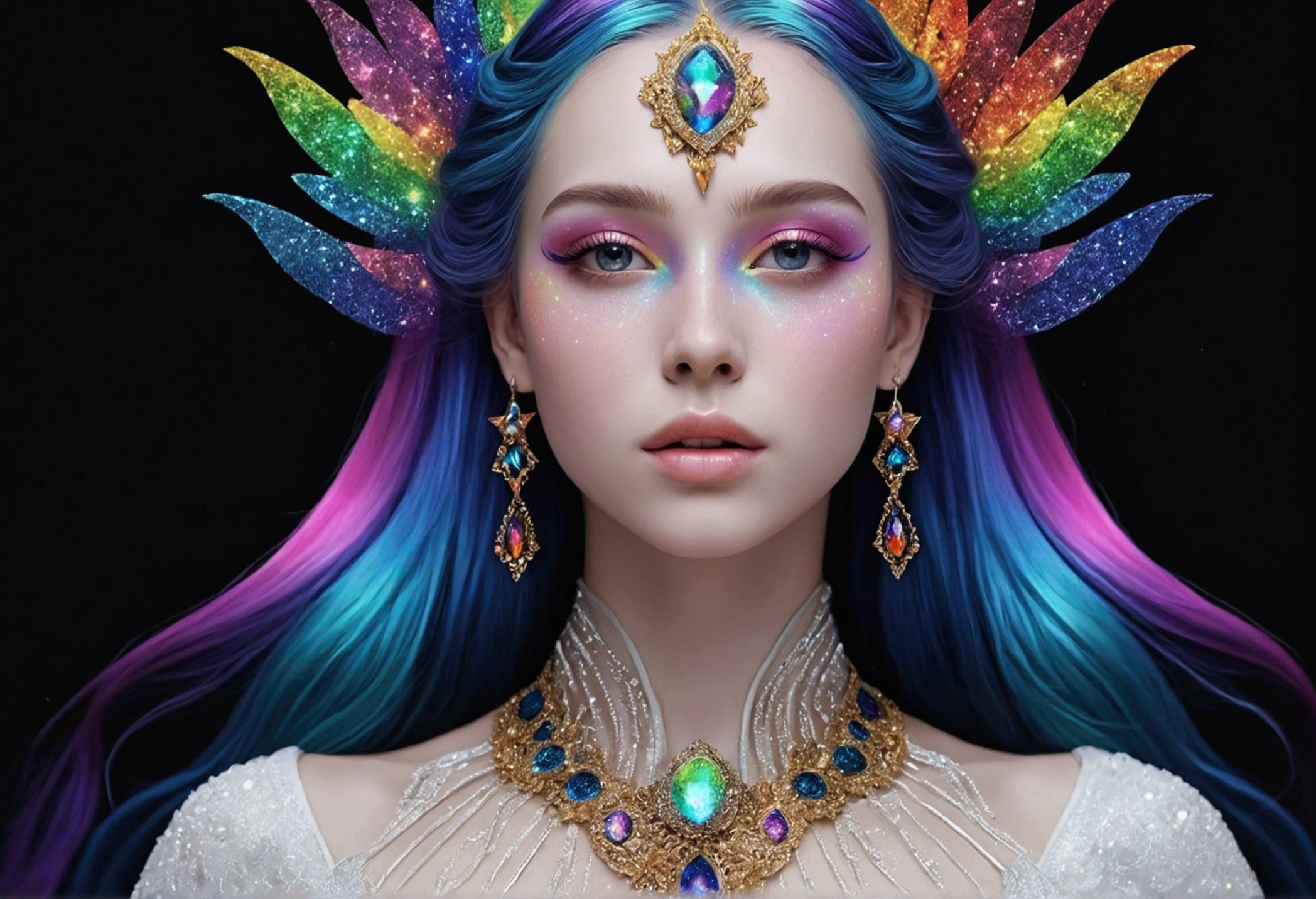 rainbow goddess, white skin, galaxy aesthetic, black background, overwhelmingly bright