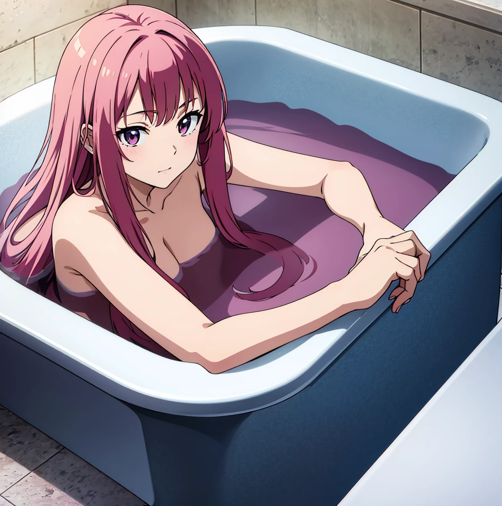 anime anime, young girl laying in the bathtub with her hand on her chest