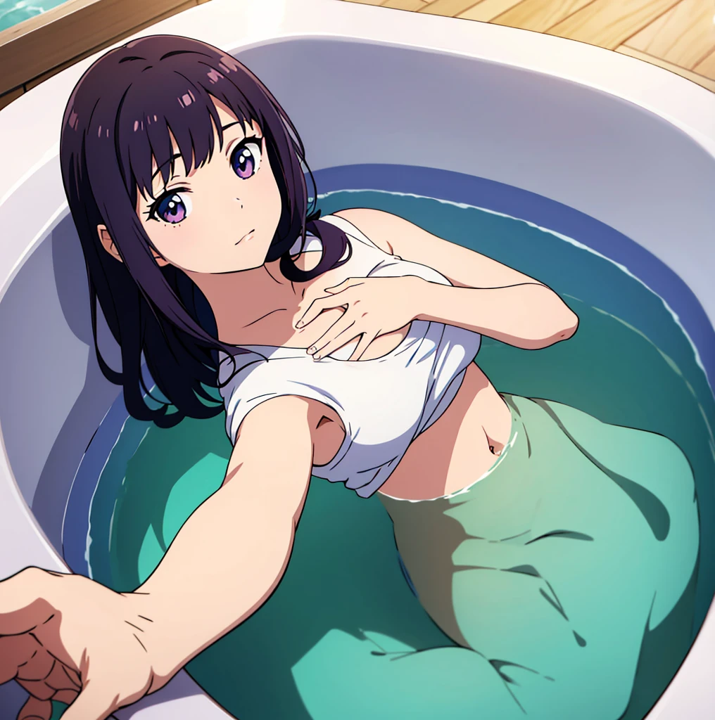 anime anime, young girl laying in the bathtub with her hand on her chest