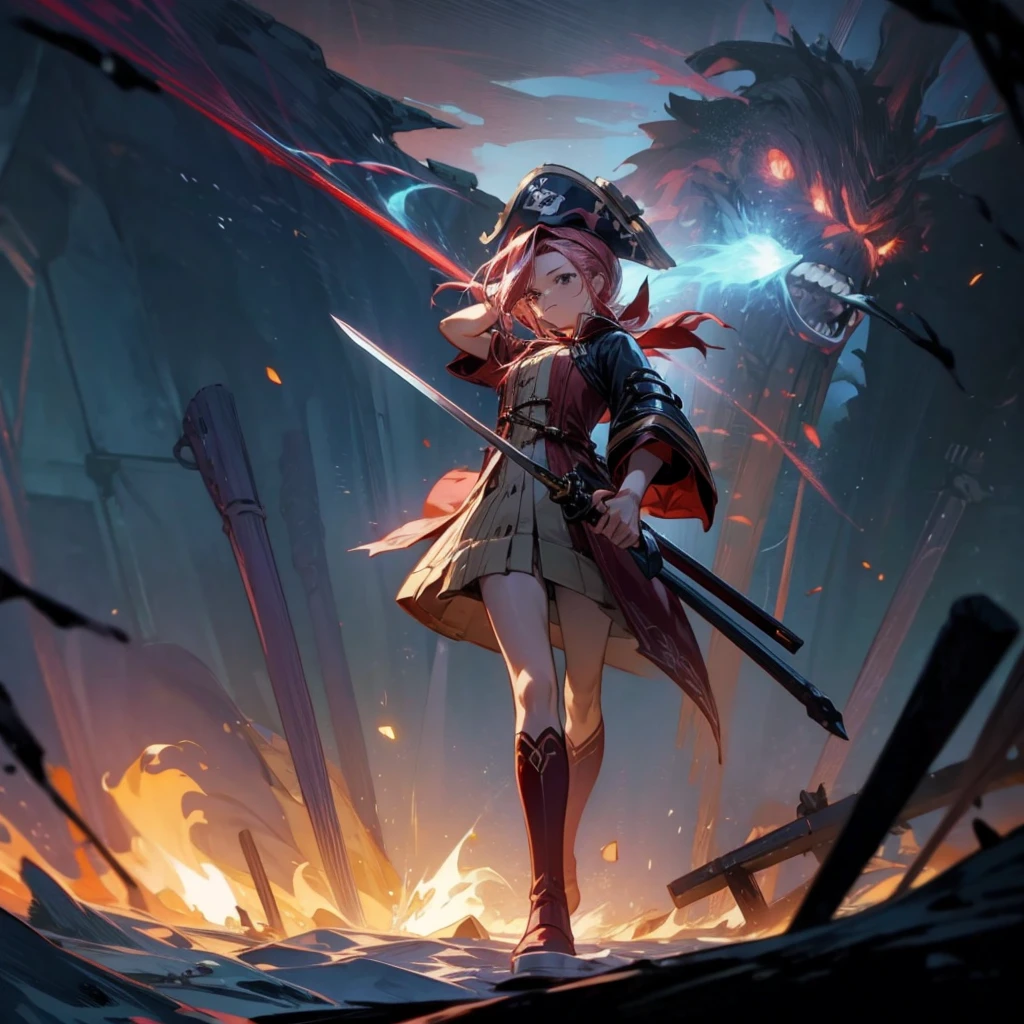 1girl, Full body version, 1character, girl version, black eyes, long Curly haircut, pink colour hair, ancient pirate style clothing, red colour clothing, long boots, Grassroots, background in sea, motion blur, (Hunter x Hunter style), sword Gladius in hang, pirate hat, pirate robe, smoke effect, aura effect, blue lighting, lightning sword, low angle view, fire, with ship pirates, normal gesture 