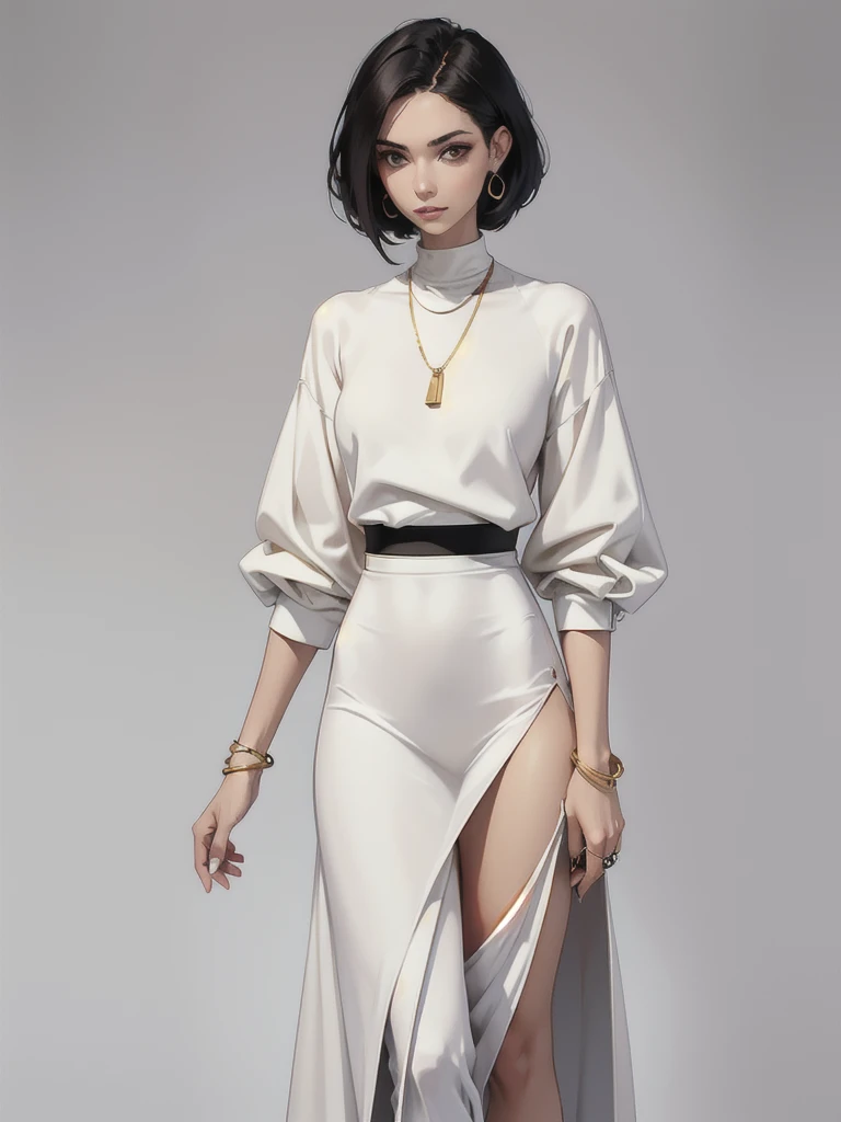 makeup, mascara, simple color palettes, woman 2, stylish, Clean, sharp designs, flowing silhouettes, Tight skirts, high-waisted skirts, simple dresses, shirts and blouses, asymmetrical, geometric, Elegant and luxurious materials and designs, Simple, minimal accessories, gold necklace, gold bangle, Slim necklaces and rings in silver or gold, Simple bangles, short skirt Distinctive designs, simple silhouettes, chic and mature impression, simple and sophisticated style, elegance, minimalism, high quality materials, cool and urban impression, high fashion, , simplicity and sophistication, plain white dress, chic white dress
