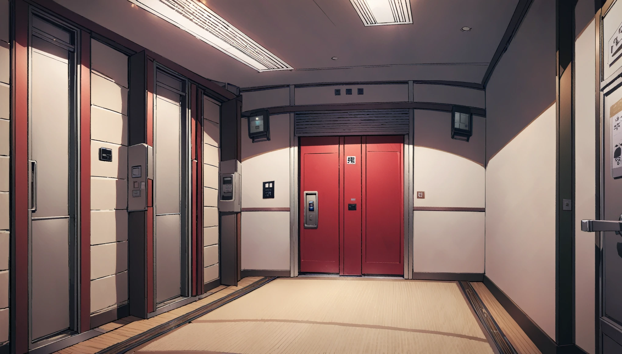 The stone building has a red door、There is a sign on the wall, Elevatorシャフトの反対側, light coming from the Entrance, Elevator, Entrance, Inside the building, Elevator doors look like a mouth, In a Japanese apartment, doors to various living quarters, Located in the Hacibektas Complex, Apartment hallway, Shot with Sony A7R camera