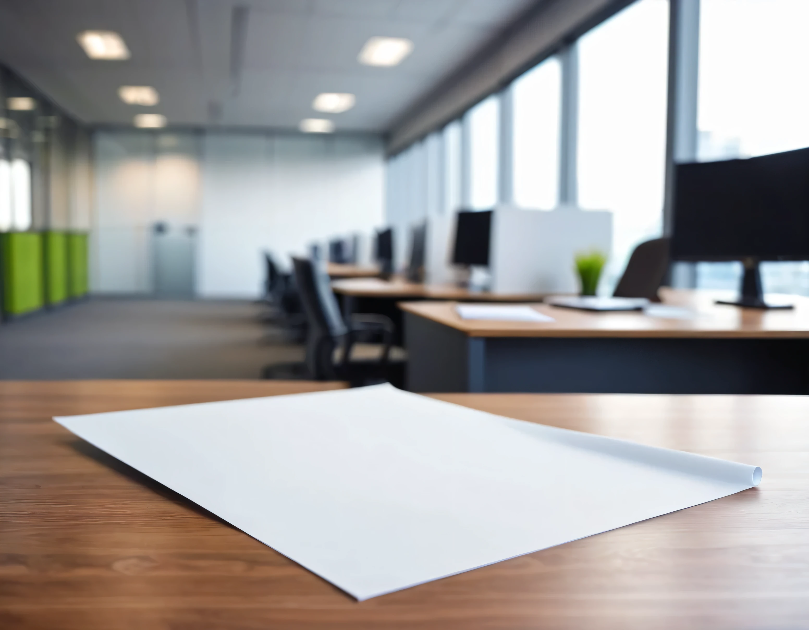 A blank white sheet of paper lying on the office desk, pen paper, blurred office room background