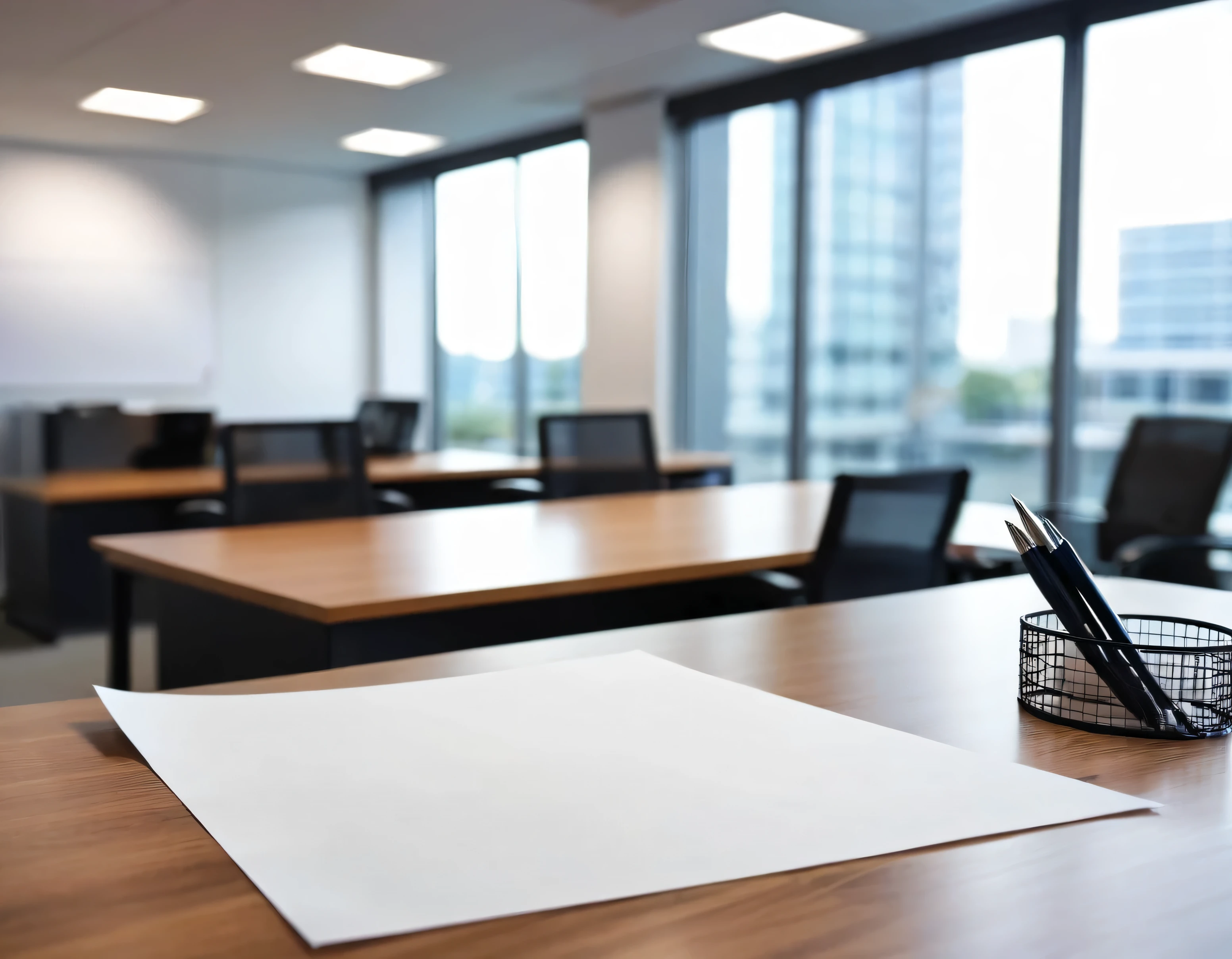 A blank white sheet of paper lying on the office desk, pen paper, blurred office room background