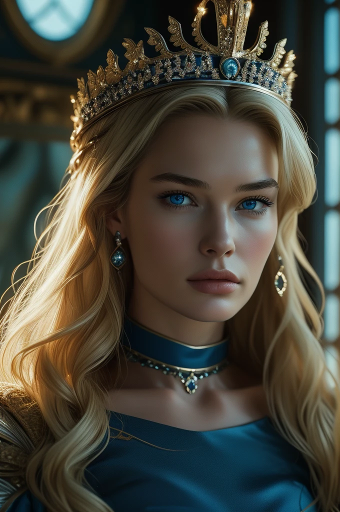  Lena Headey, ultra detailed face, ultra detailed blue eyes, long blonde hair, (queen dress), queen crown, (((masterpiece)))