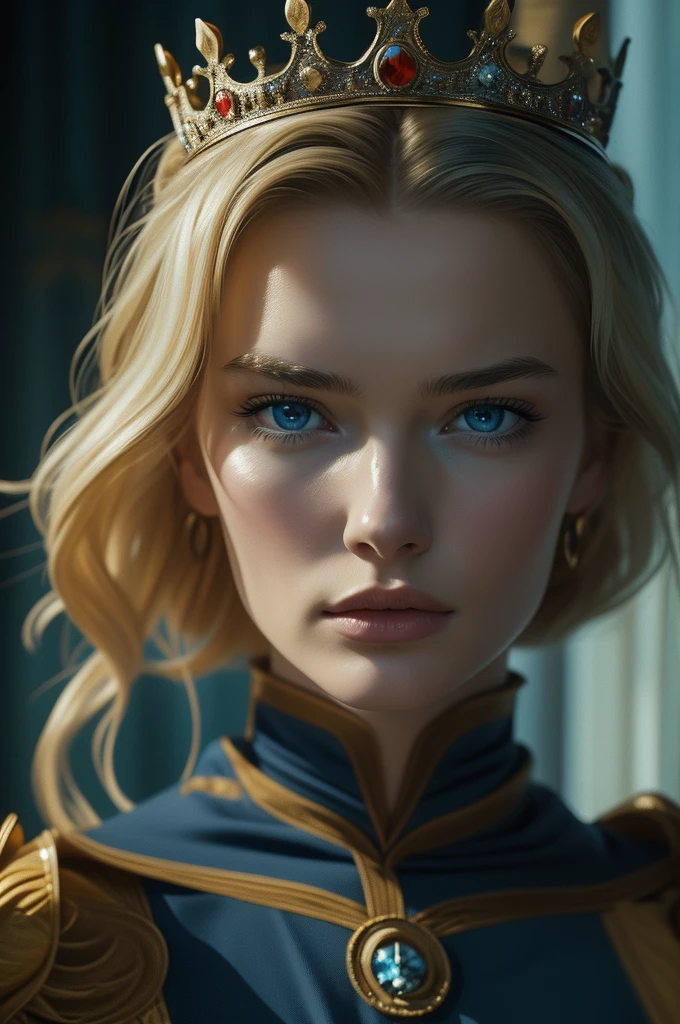 16 year old Lena Headey, ultra detailed face, ultra detailed blue eyes, long blonde hair, (queen dress), queen crown, (((masterpiece)))