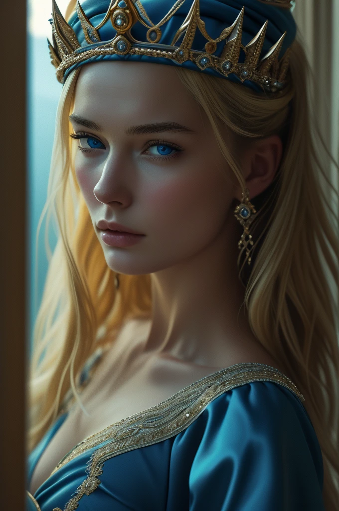 Lena Headey, ultra detailed face, ultra detailed blue eyes, long blonde hair, (queen dress), queen crown, (((masterpiece)))