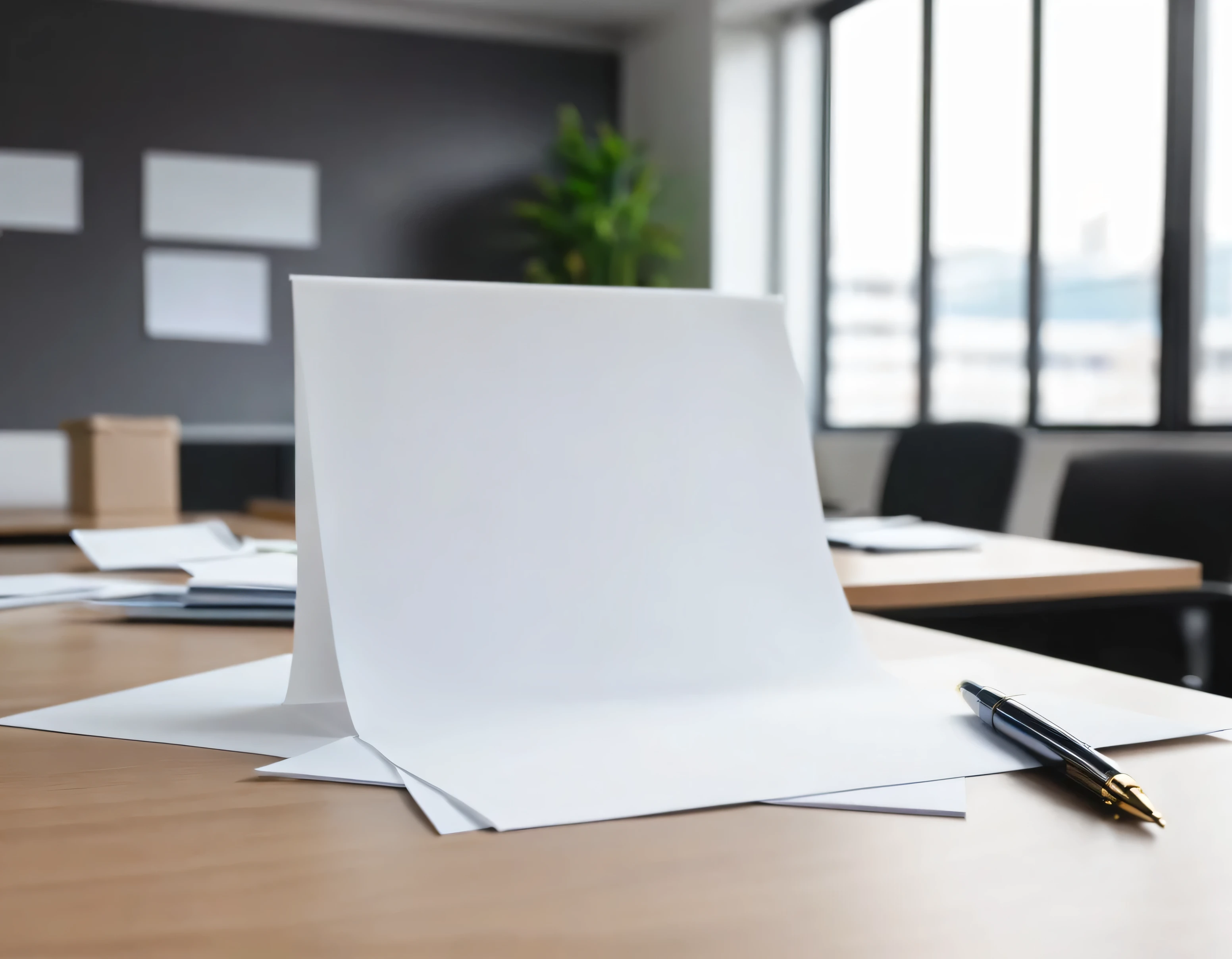 There is a blank white sheet of paper set up on the office desk, pen paper, blurred office room background